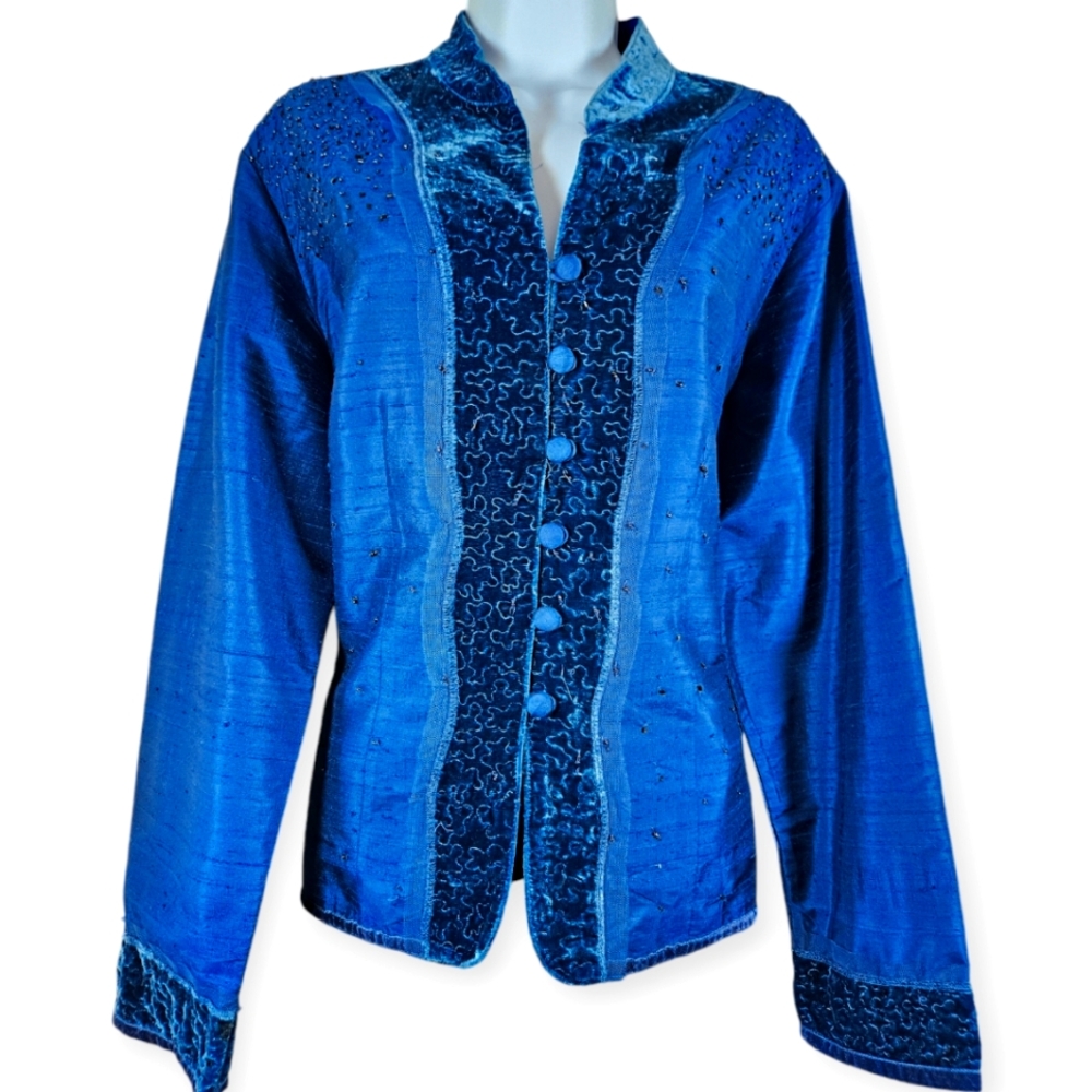 NWOT Chicos blue raw silk velvet beaded blazer jacket Womens Large